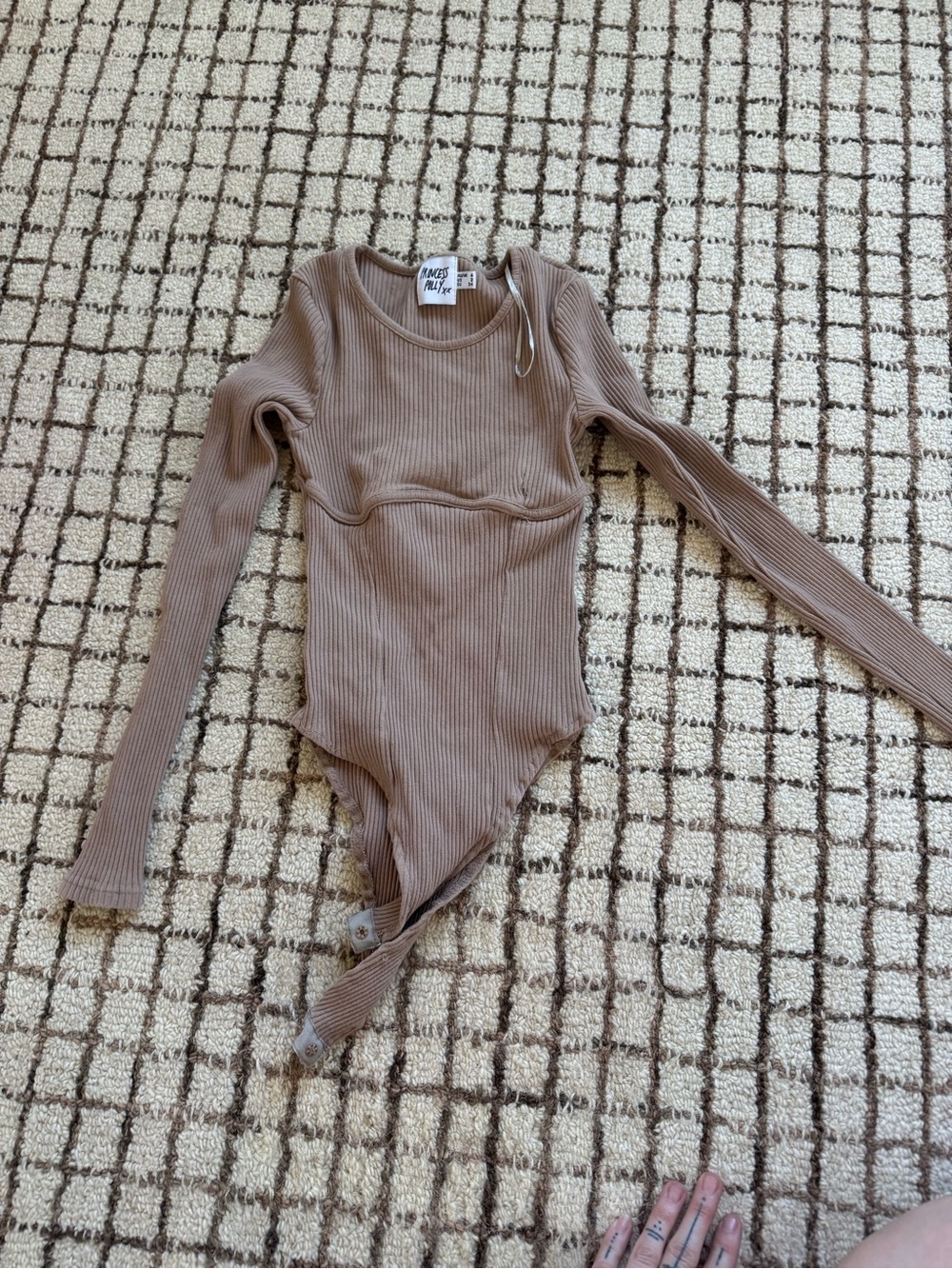 Ribbed Long-Sleeve One-Piece Bodysuit in Taupe